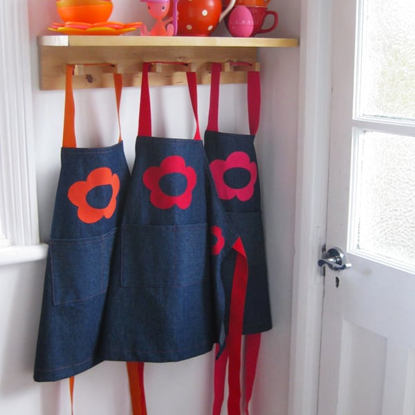 Three sizes 1-4yrs Hand Appliquéd Flower Aprons for kids. Pink, Orange & Red