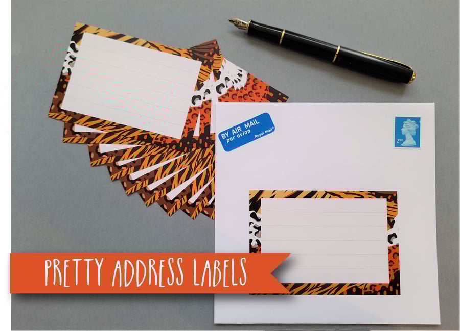 Printed self-adhesive address labels, animal print, letter writing supplies