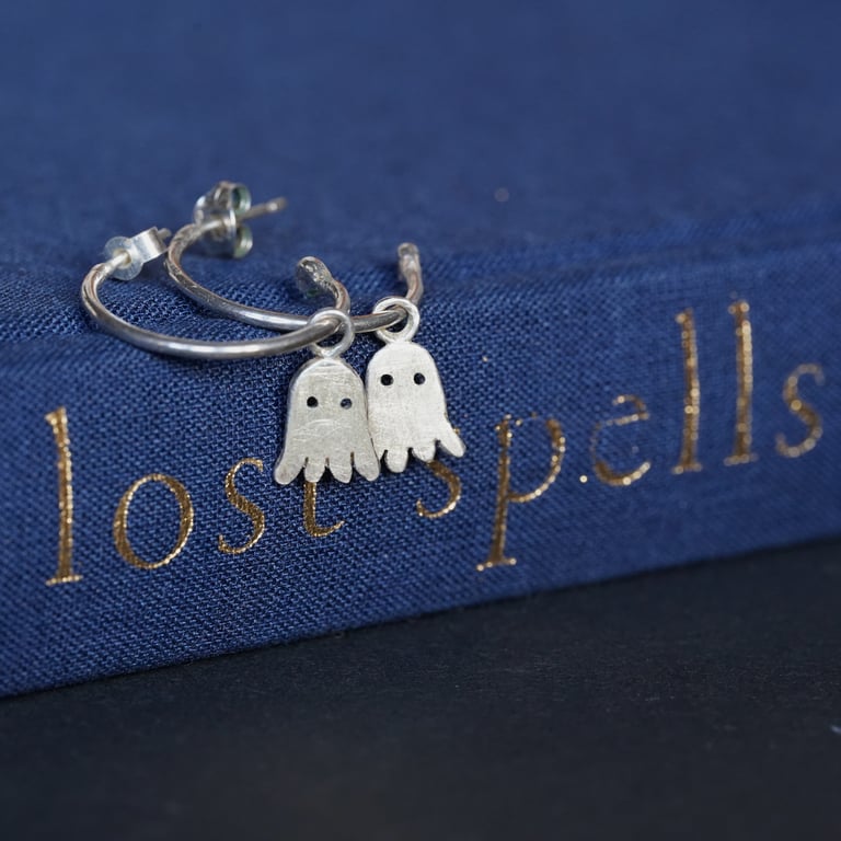 Silver ghost hoop earrings, Halloween earrings