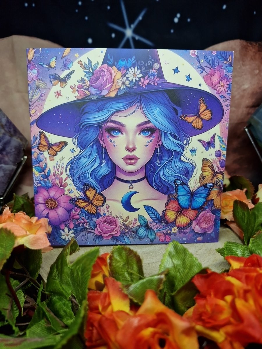 Beautiful Illustrated Witch With Butterflies & Flowers Greeting Card 
