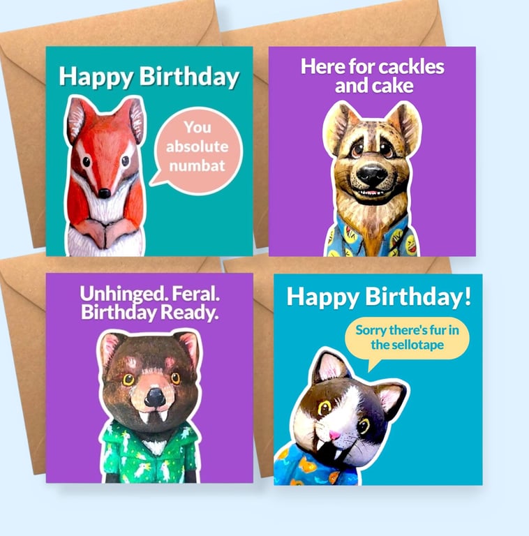 Pack of 4 Funny Animal Birthday Cards - Numbat Hyena Cat Tasmanian Devil Bundle