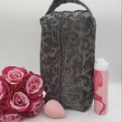 Slate grey velour brocade fabric toiletry bag,  boxed make up case. 