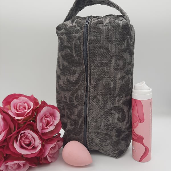 Slate grey velour brocade fabric toiletry bag,  boxed make up case. 