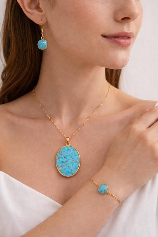 Turquoise and gold Jewelry Set Handmade Polymer Clay Necklace, Earrings, Bracele