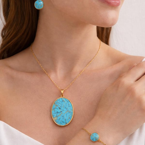 Turquoise and gold Jewelry Set Handmade Polymer Clay Necklace, Earrings, Bracele