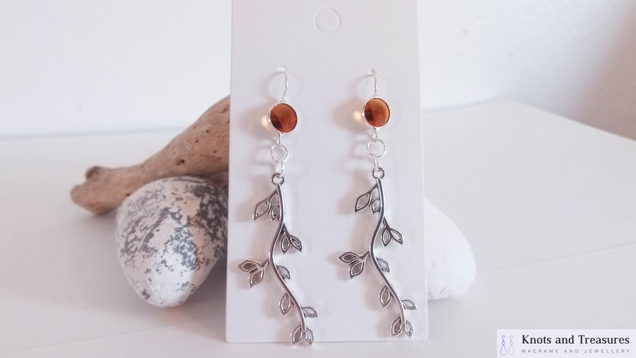 SOLD Amber Glass with Branch and Leaves Pendant Earrings 