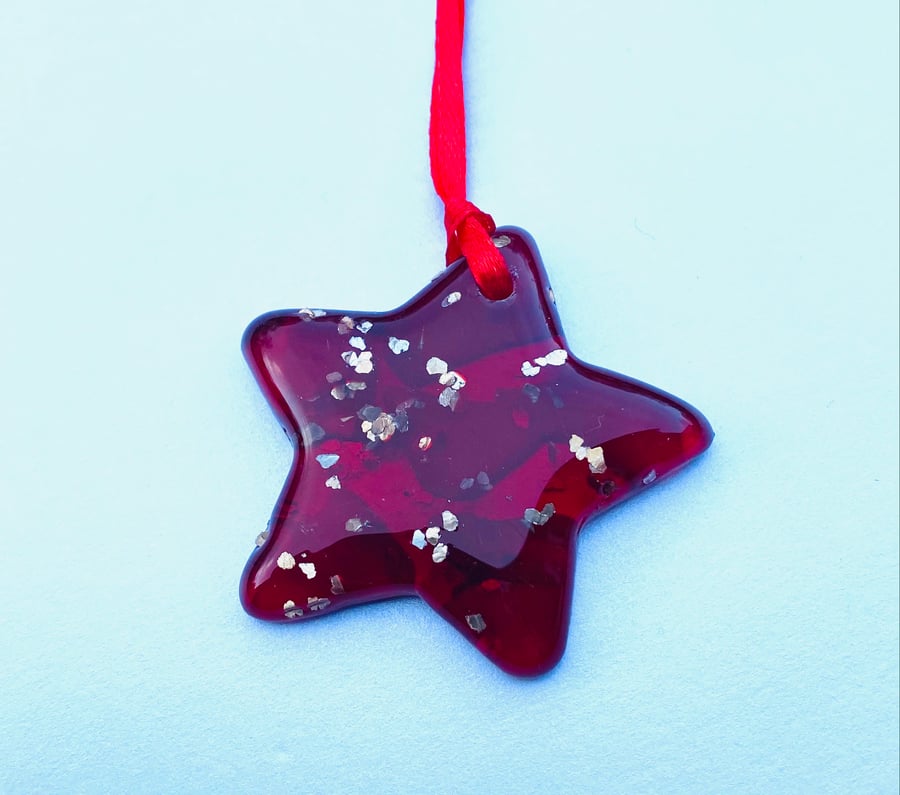 “Your a star” cast glass red star with gold flakes hanging decoration