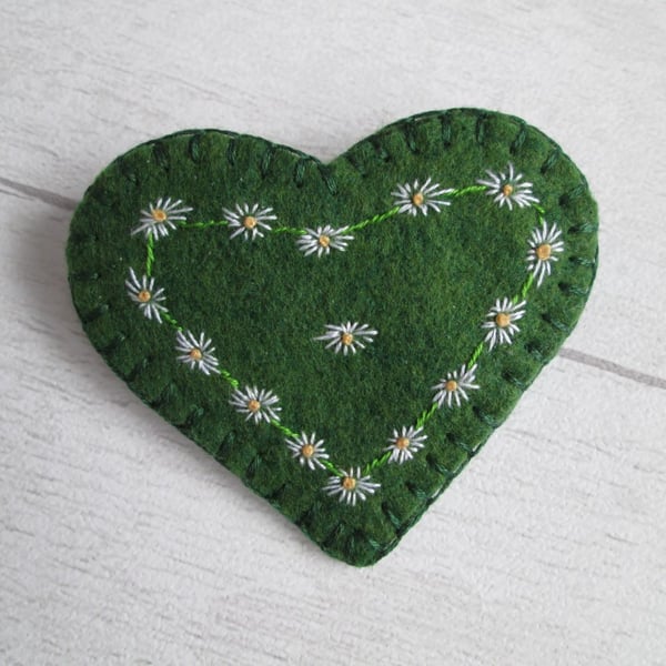 SOLD - Hand Embroidered Daisy Chain Felt Heart Brooch