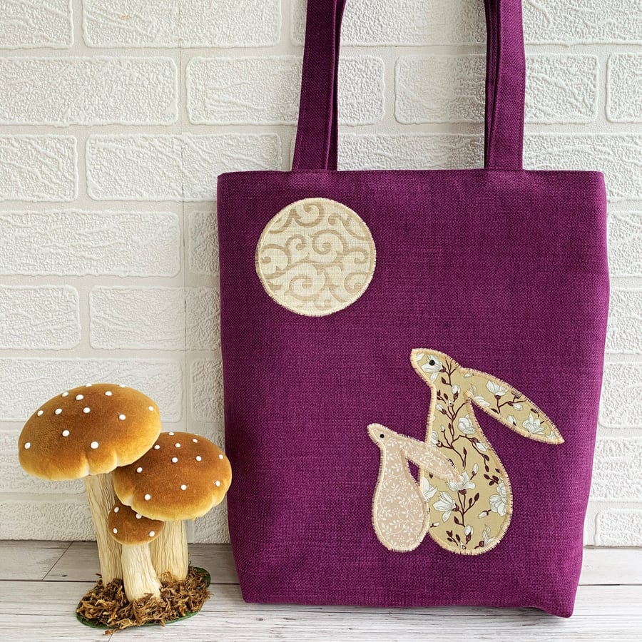 Purple tote bag with beige floral moon gazing hares