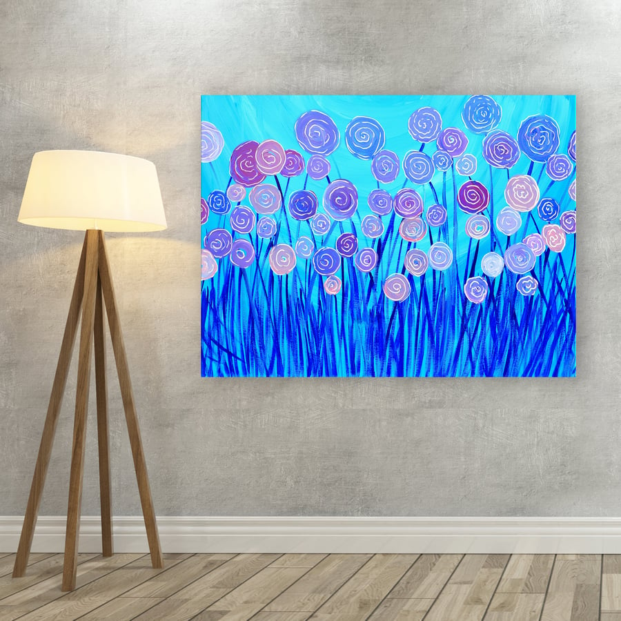 Blue & Lilac Flowers Canvas Print - Floral Canvas Print - Blue Canvas Picture - 