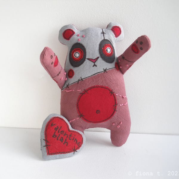 freehand machine hand embroidered valentines zombie panda red