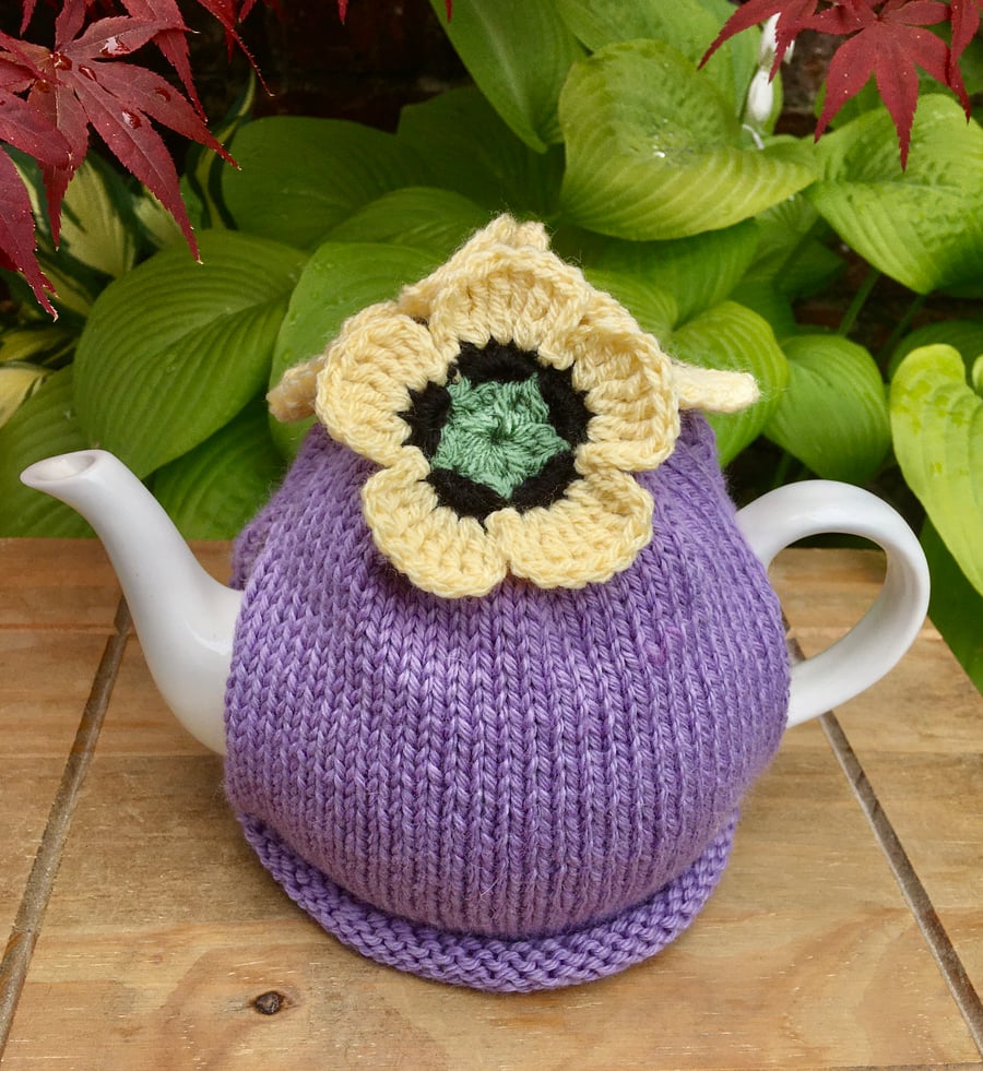 Lavender Tea Cosy with Yellow Crochet Flowers