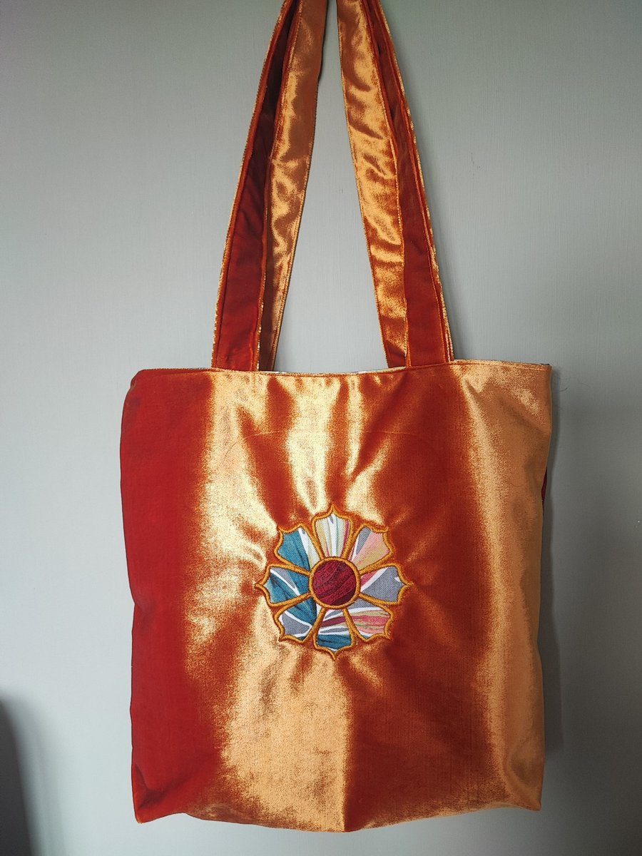 Tote Bag, stunning gold velvet with applique, embroidered flower to match lining