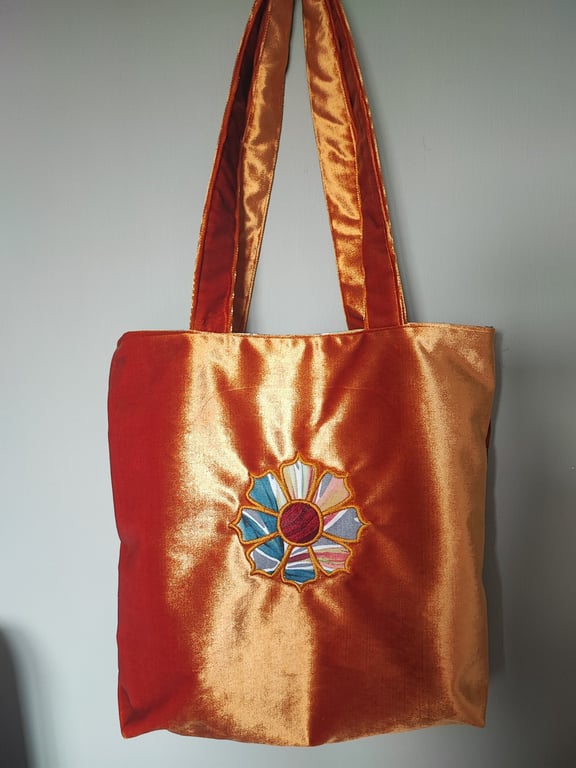 Tote Bag, stunning gold velvet with applique, embroidered flower to match lining