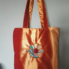 Tote Bag, stunning gold velvet with applique, embroidered flower to match lining