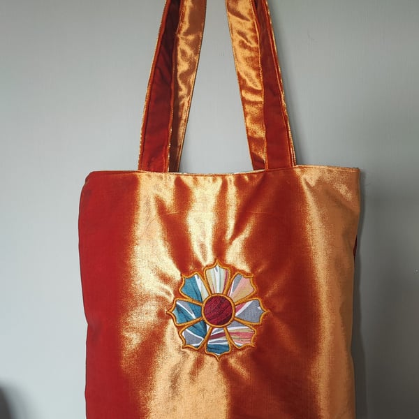 Tote Bag, stunning gold velvet with applique, embroidered flower to match lining