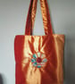 Tote Bag, stunning gold velvet with applique, embroidered flower to match lining