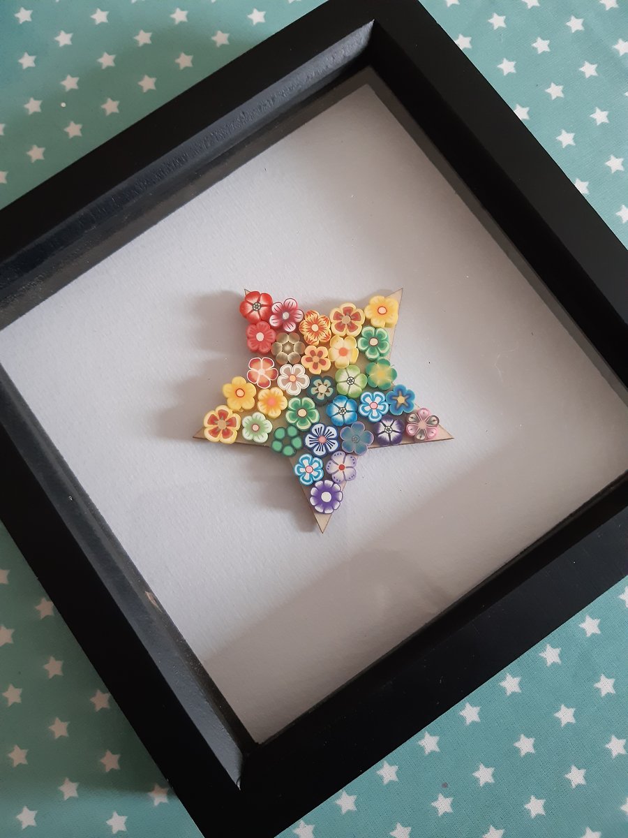 Polymer clay rainbow star in box frame