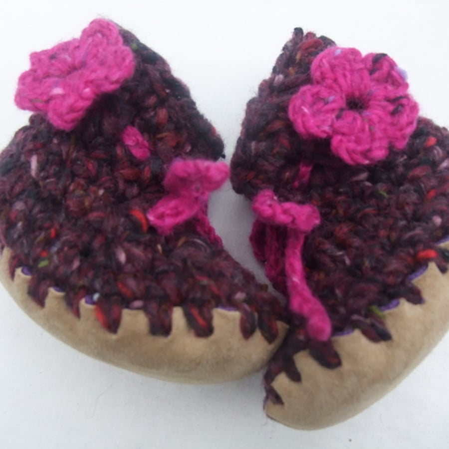 Wool, angora & leather baby boots burgundy 3-6 months