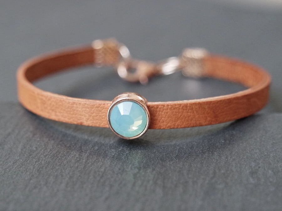Leather bracelet - tan rose gold opal-turquoise crystal