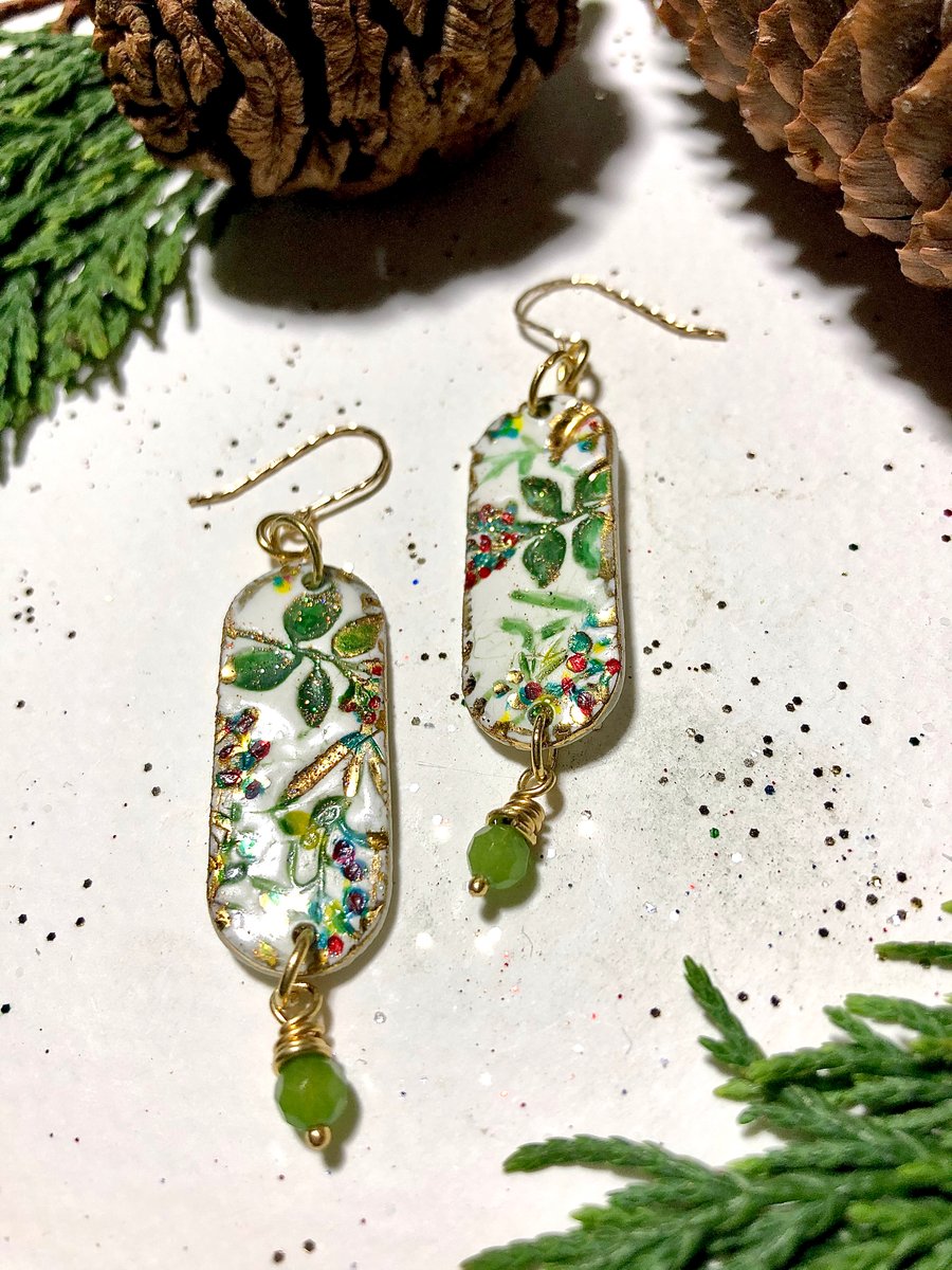 Beautiful botanical porcelain earrings with tiny  emeralds