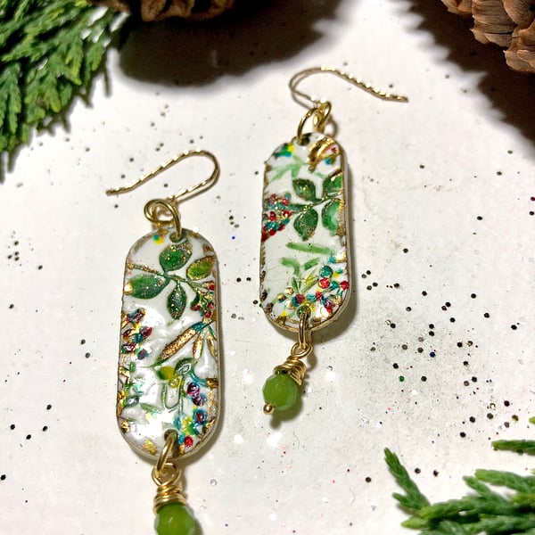 Beautiful botanical porcelain earrings with tiny  emeralds