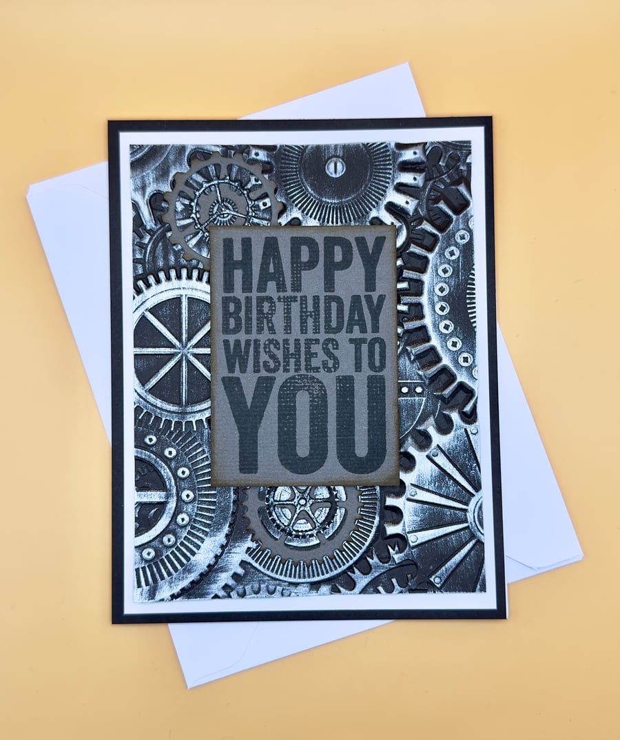 Handmade Birthday Card, Steampunk Gears Design, Industrial, Engineer 