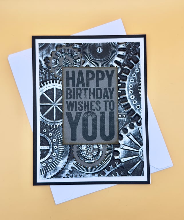 Handmade Birthday Card, Steampunk Gears Design, Industrial, Engineer 
