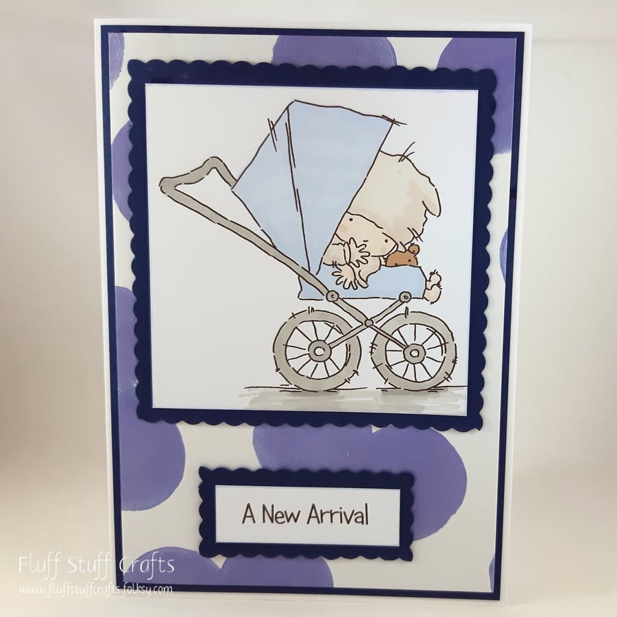 Handmade, blue, new baby card - baby in pram