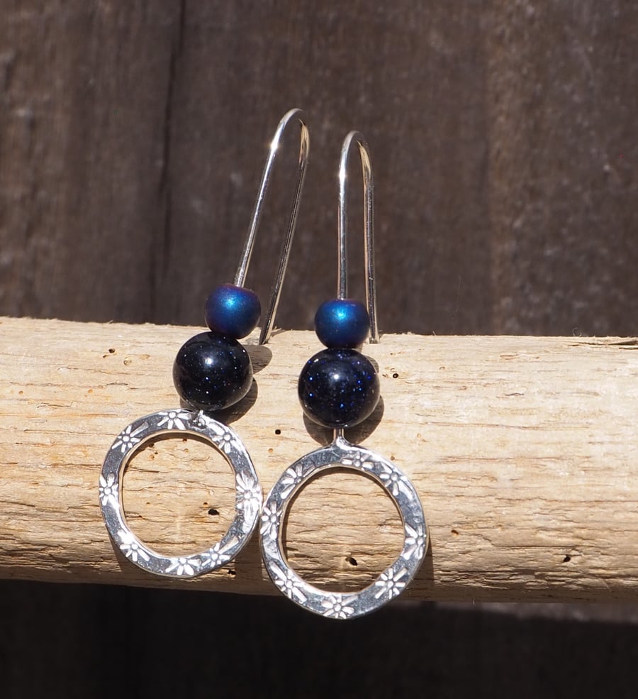 Hoops, Sterling silver dangle hoop earrings, hematite and blue goldstone hoops 
