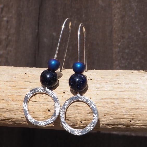 Hoops, Sterling silver dangle hoop earrings, hematite and blue goldstone hoops 