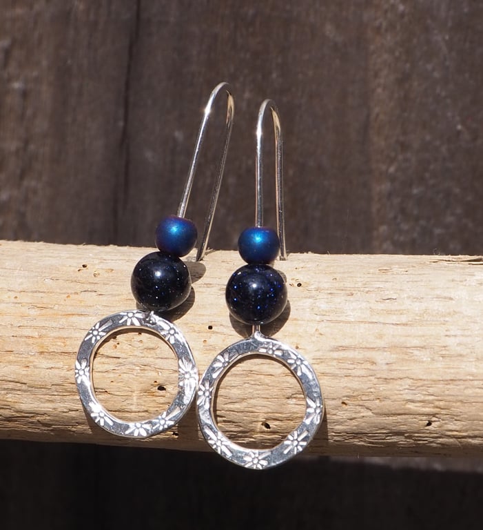 Hoops, Sterling silver dangle hoop earrings, hematite and blue goldstone hoops 