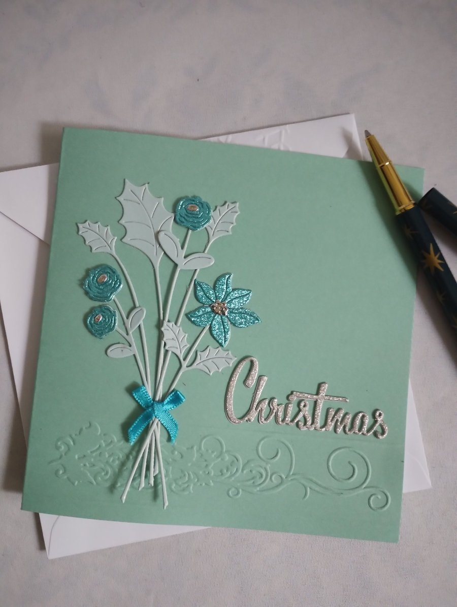 A Winter Posy Christmas Card - Teal Blue and Teal Green 