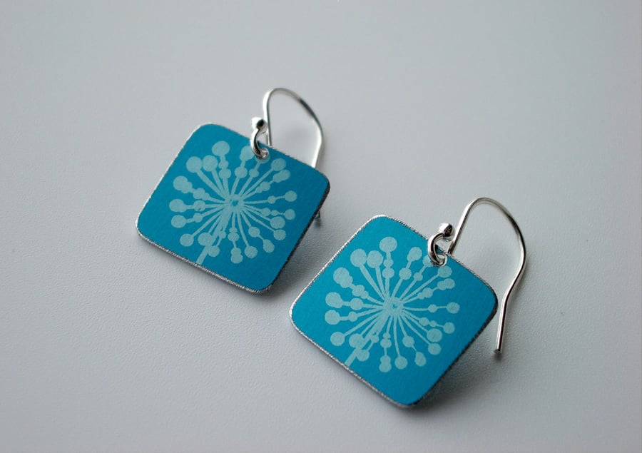 Square earrings in teal with dandelion clock print