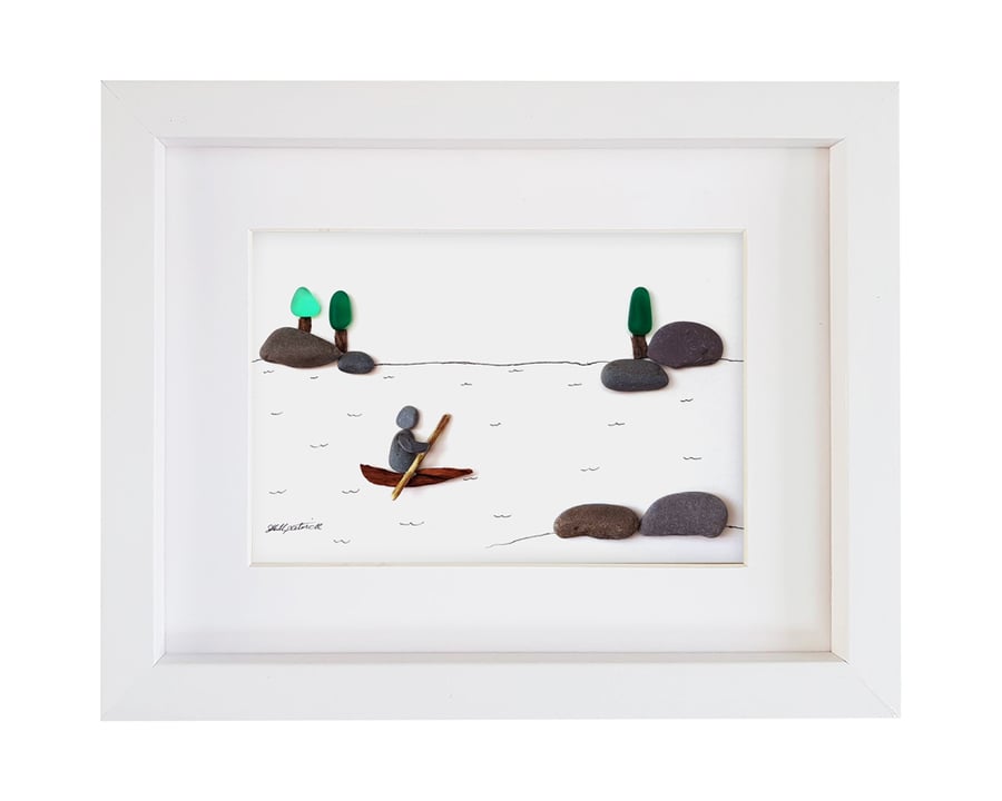 Boating - Sea Glass and Pebble Picture - Framed Unique Handmade Art