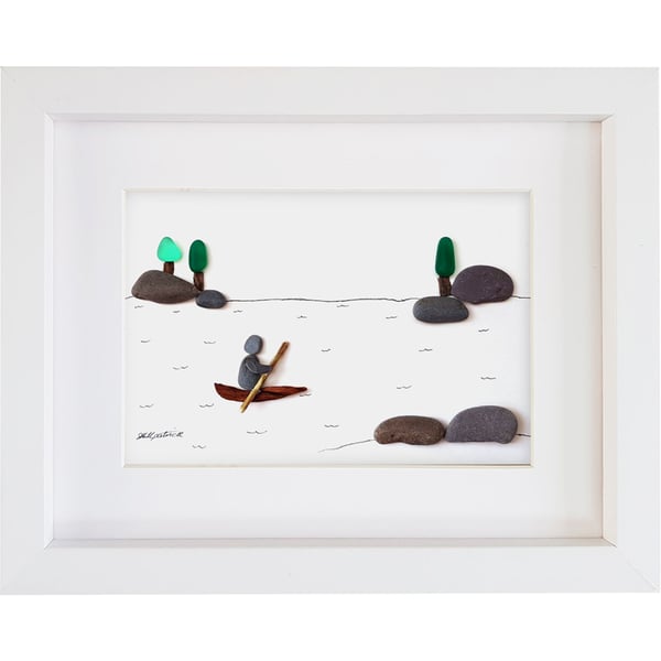 Boating - Sea Glass and Pebble Picture - Framed Unique Handmade Art