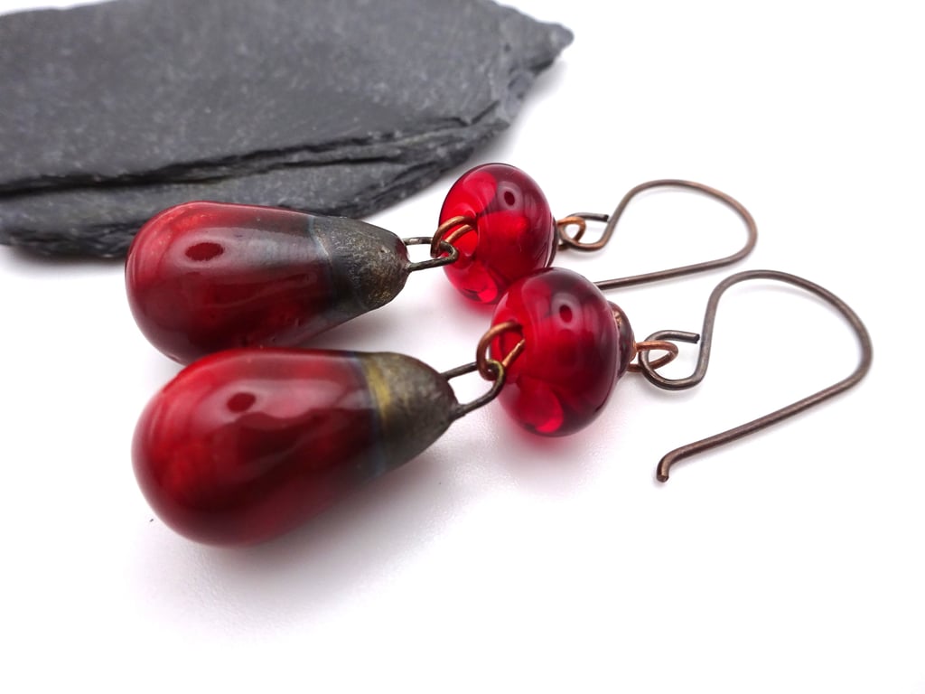 red lampwork glass ceramic drop earrings