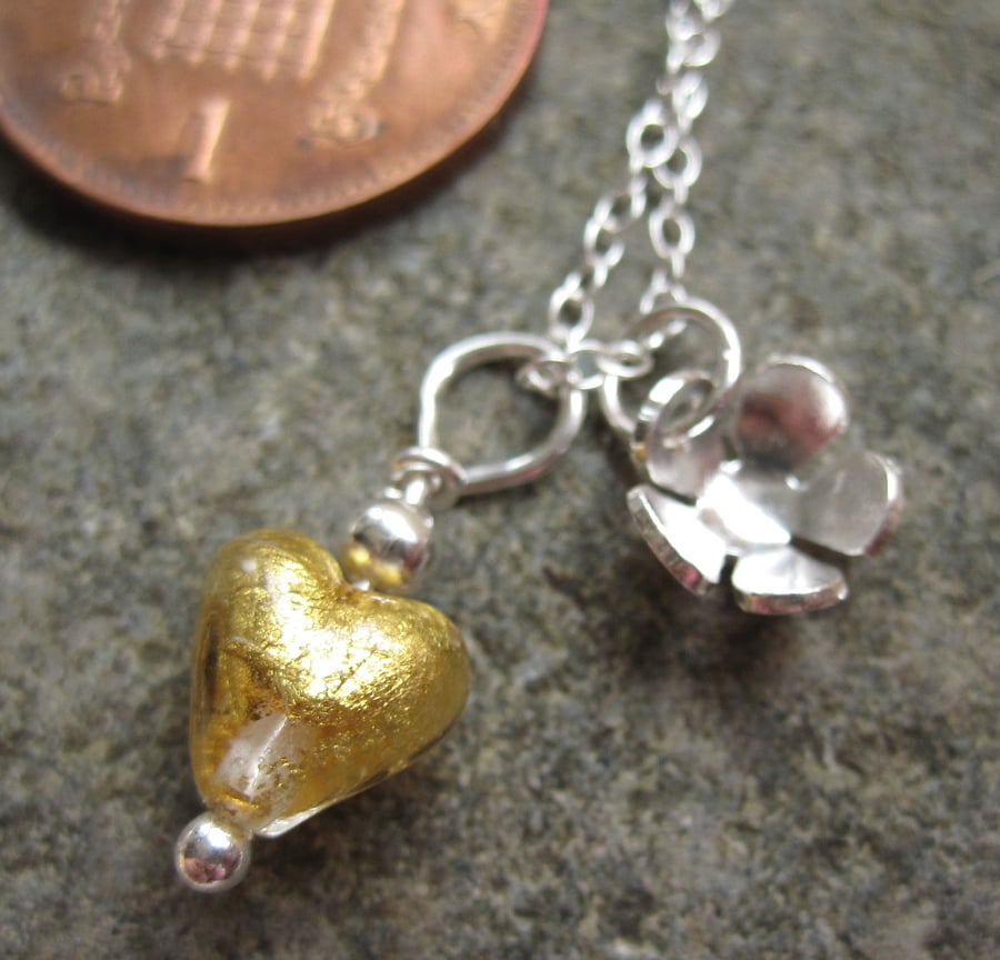 Sweet Gold Heart of Glass & Flower Sterling Silver Pendant Necklace