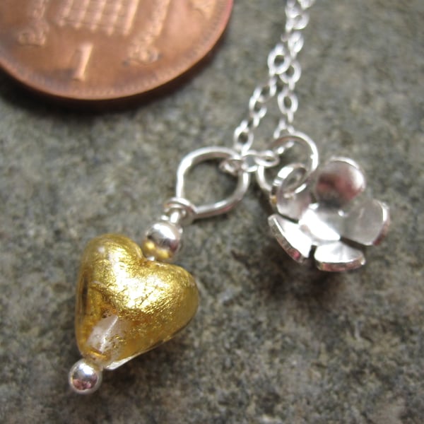 Sweet Gold Heart of Glass & Flower Sterling Silver Pendant Necklace