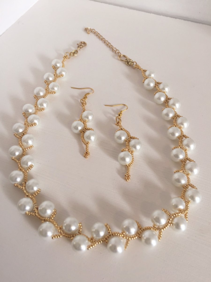 White Pearl Necklace and Earring Set, Gold Seed Bead Bridal Necklace