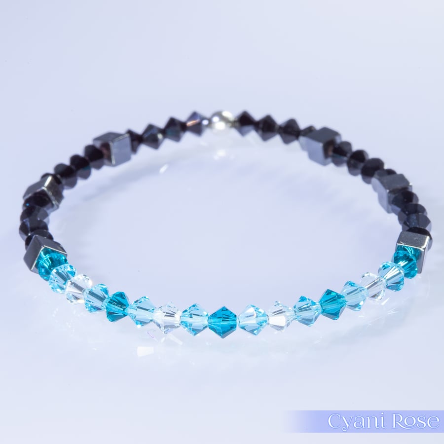 Swarovski and Hematite stretch beaded bracelet turquoise black