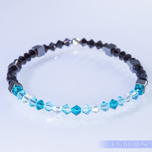 Swarovski and Hematite stretch beaded bracelet turquoise black
