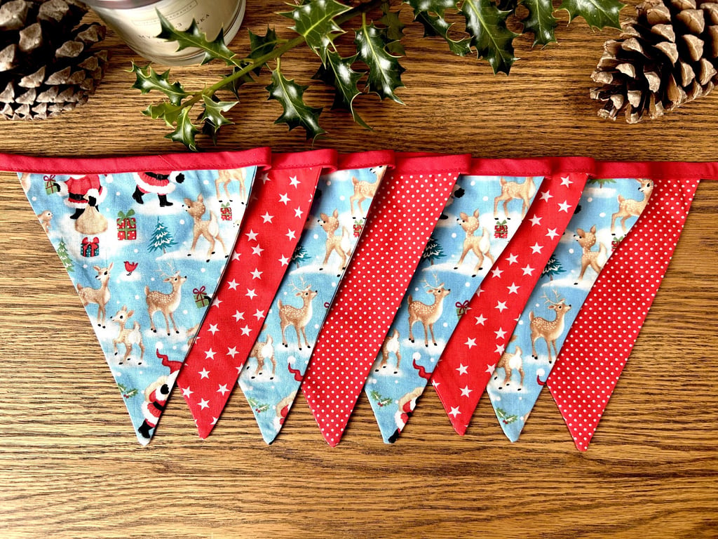 Handmade Santa and Reindeer Christmas Bunting - Handmade Fabric Garland