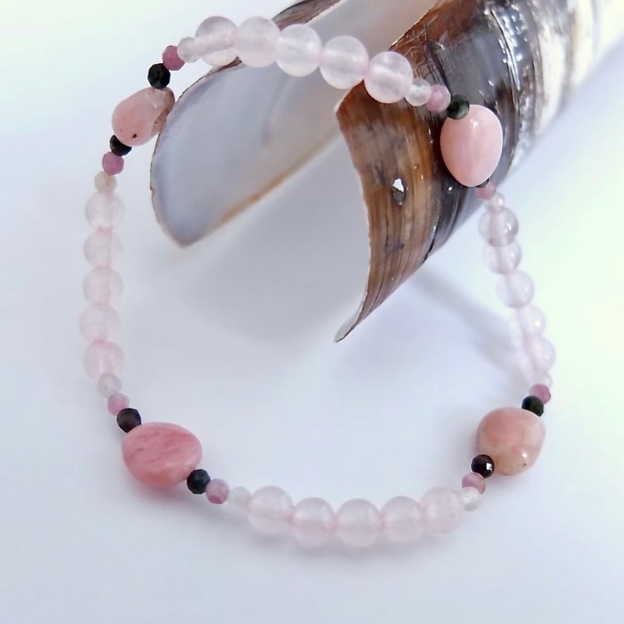 Pink Opal, Rose Quartz and Tourmaline Bracelet