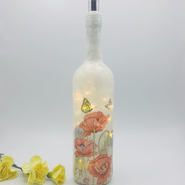 Decoupage light up bottle, Poppies, Cornflowers, Butterflies
