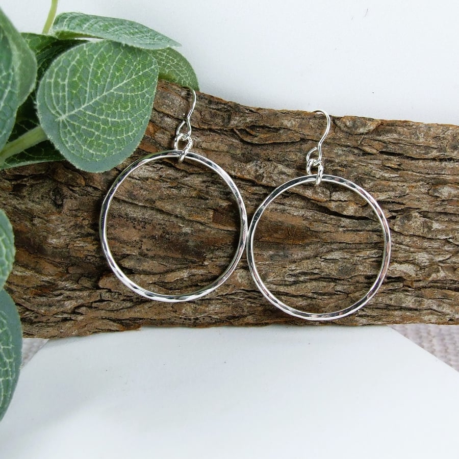 Earrings, Sterling Silver Hoops with Hammered Finish