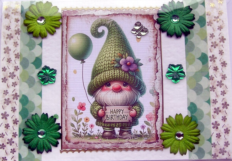 Smiling Gnome - Hand Crafted Decoupage Greeting Card - Happy Birthday - 2829