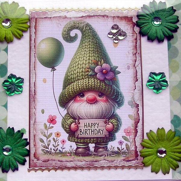 Smiling Gnome - Hand Crafted Decoupage Greeting Card - Happy Birthday - 2829