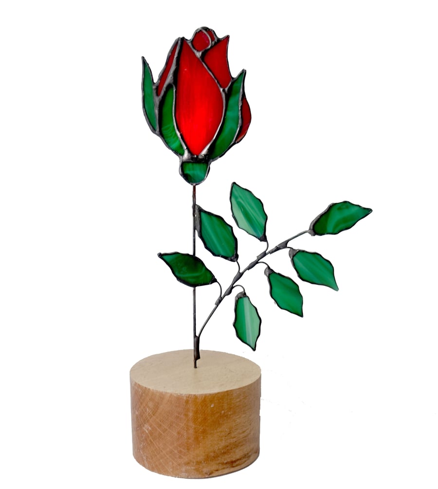 Stained Glass Single Red Rose Glass Art on solid Oak base 