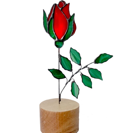 Stained Glass Single Red Rose Glass Art on solid Oak base 